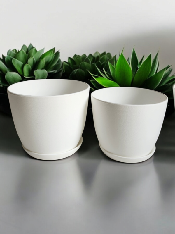 white plant flower pots with drainage and saucers