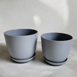 Grey Planter with drainage and tray saucer