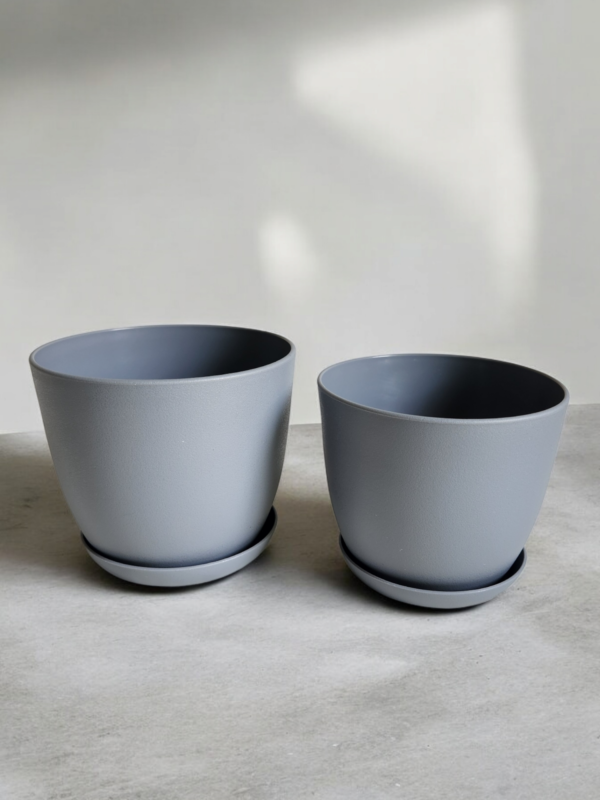 Grey Planter with drainage and tray saucer